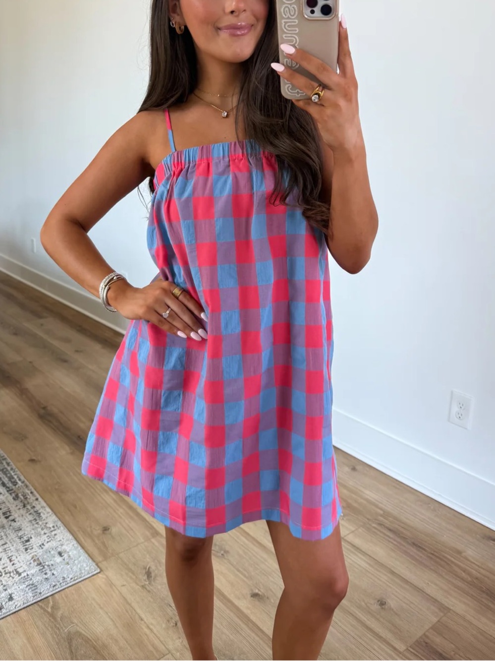 Electric Gingham Cherry and Blue Plaid Cami Mini Dress